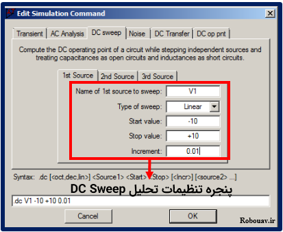 پنجره تنظیمات تحلیل DC Sweep